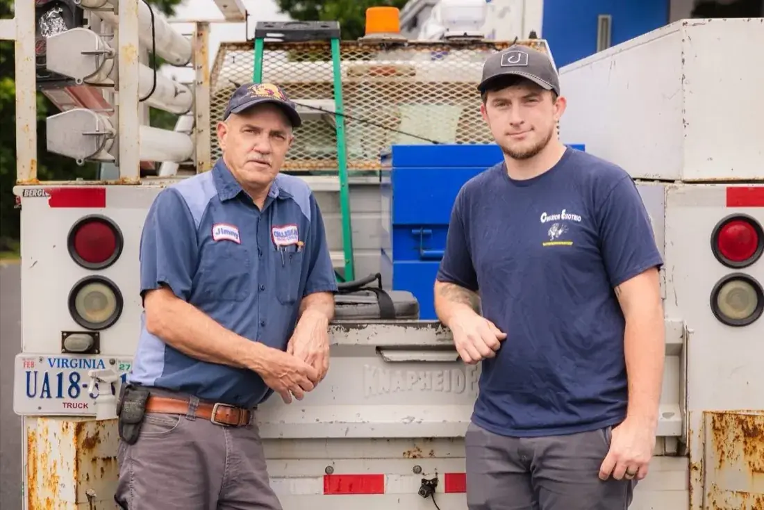 Callison Electric Heating & Cooling technicians at their service truck before heading out on a job in Staunton, Virginia
